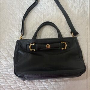 Tory Burch Black Leather Shoulder Satchel with Gold Hardware